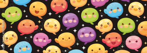 Padrão de vetores fofos de pássaros coloridos em balões de fala sobre fundo escuro.