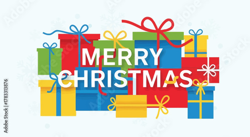 Festive merry christmas greeting with colorful stacked gift boxes and snowflakes on a light blue background