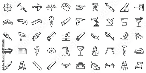 A collection of various tools and equipment icons for construction and crafting purposes.