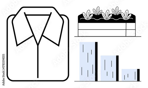 Collared shirt icon, layered planting diagram with sprouting plants, and bar chart. Ideal for sustainability, eco-fashion, green growth, organic farming, analysis, business strategies simple flat