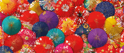 Muitos guarda-chuvas japoneses coloridos, estilo sombrinha, criando um fundo vibrante e festivo de arte oriental.