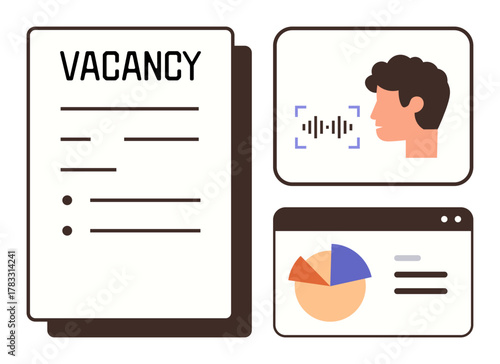 Job vacancy document, voice recognition tech analyzing speech, and performance charts. Ideal for recruitment, HR, analytics, tech innovation, employment communication career strategies. Simple flat