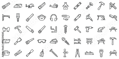 A collection of hand tools and workshop equipment icons in a minimalist line art style.