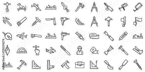 A collection of various tools and construction icons, showcasing a carpenter's toolkit.
