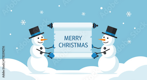 Two cheerful snowmen wearing top hats hold a scroll with merry christmas message in a snowy winter landscape