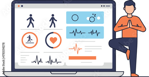 Yoga and health tracking cartoon illustration, symbolic digital wellness and expressive mindful living artwork for design and education