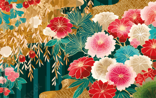 Vetor floral oriental com flores exuberantes em tons de rosa, vermelho, dourado e verde esmeralda.