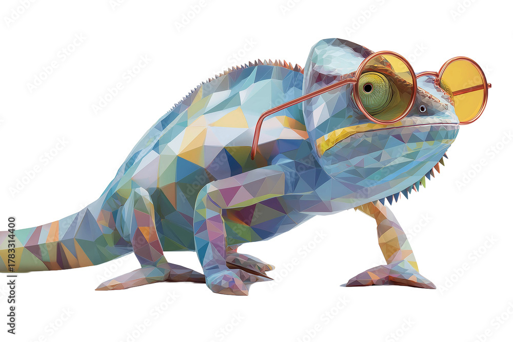 Fototapeta premium Faceted polygonal chameleon with reflective sunglasses abstract minimal vector artwork designed in panoramic colorful style.jpeg