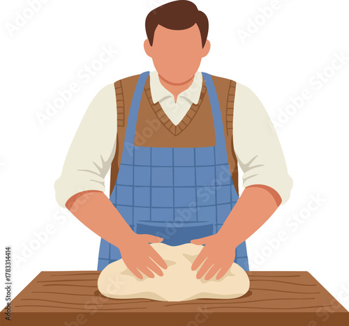 Minimalist Vector Illustration of Man Kneading Dough with Apron in Warm Colors for Baking and Culinary Design