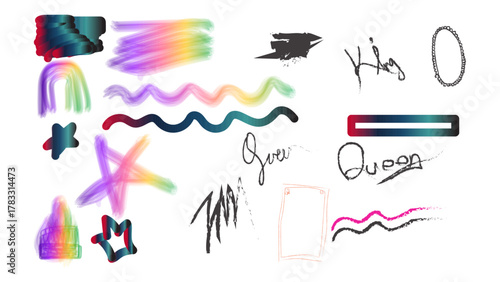 Collection of colorful abstract brush strokes, rainbow elements, stars, and handwritten text
