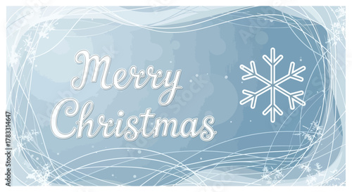 Elegant merry christmas greeting with a delicate snowflake and swirling winter frost patterns on a soft blue background