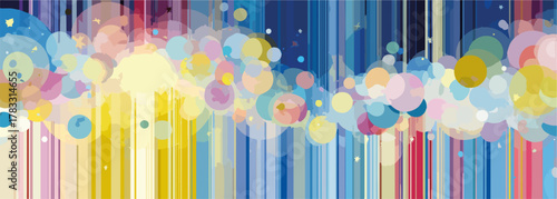 Fundo abstrato com círculos coloridos e linhas verticais em degradê vibrante