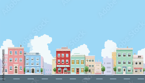 Vetor de uma rua urbana com prédios coloridos e céu azul com nuvens