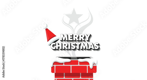 Merry christmas greeting with santa hat on a snowy chimney and a stylized star in the background