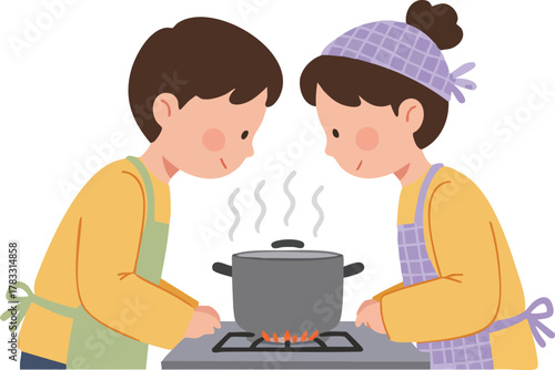 Vector Illustration of Two Children Cooking in Kitchen in Modern Flat Style with Warm Colors