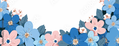 Delicadas flores azuis e rosas formam uma moldura decorativa com folhas verdes em fundo branco.