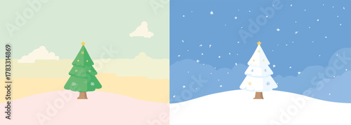 Duas árvores de natal, uma verde e outra branca, em cenários contrastantes de estações