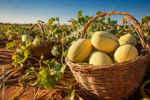 A rustic basket of freshly harvested ripe melons in a sunny farm field.