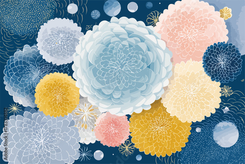 Padrão floral abstrato com flores delicadas em tons pastel e azul sobre fundo escuro.