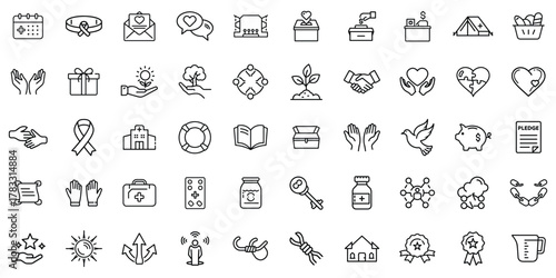 A collection of diverse line icons representing community service, charity, and support.