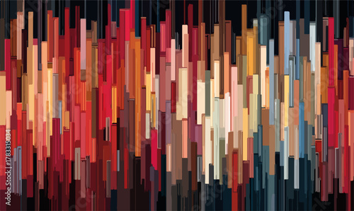 Padrão abstrato de linhas verticais coloridas com tons quentes e frios em fundo escuro