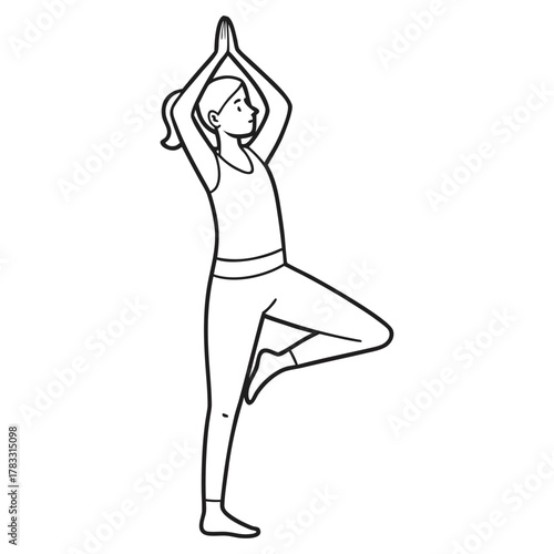 Woman practicing yoga in tree pose (Vrikshasana), black and white line art illustration