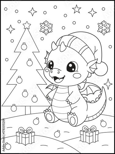 Happy Baby Dragon Coloring Page Wearing Santa Hat. Black and White  Printable Activity Sheet for Children.