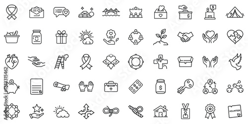 A diverse collection of minimalist icons representing charity, volunteering, and community support.