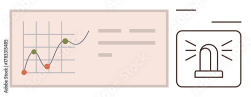 Line graph with data points and upward trend alongside a flashing alert icon symbolizing urgency. Ideal for analytics, statistics, decision-making, risk management, forecasting, reporting, simple