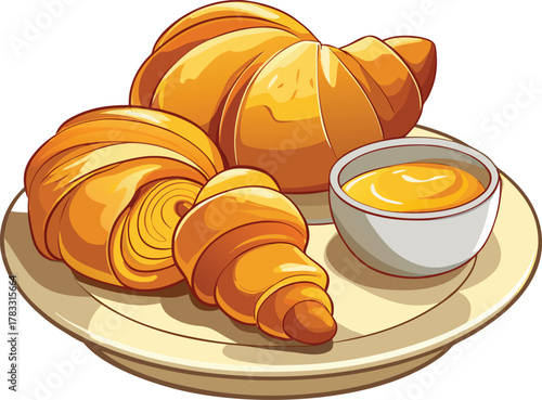 Freshly baked croissants arranged on a white plate with a small bowl of butter and honey beside them, isolated on a pure white background, soft natural lighting.