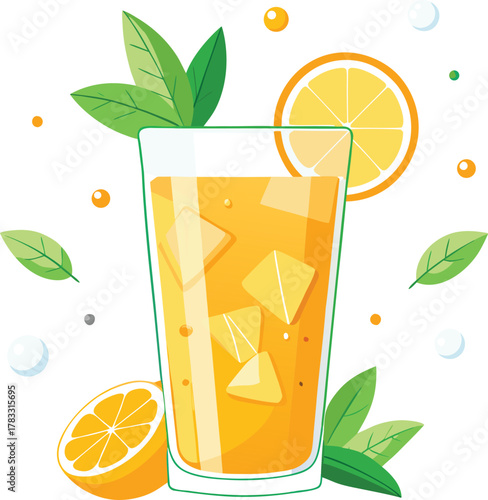 A glass of iced lemon tea with condensation droplets, fresh lemon slices, and mint leaves on a white table, minimalistic setup with bright white background.