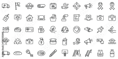 A collection of simple line icons representing community support and health awareness themes.