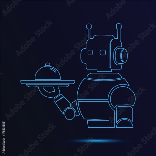 Futuristic Robot Butler Serving Food Neon Outline Vector Illustration- Artificial Intelligence Design- Modern Technology Concept- Automation and Service Industry Graphics