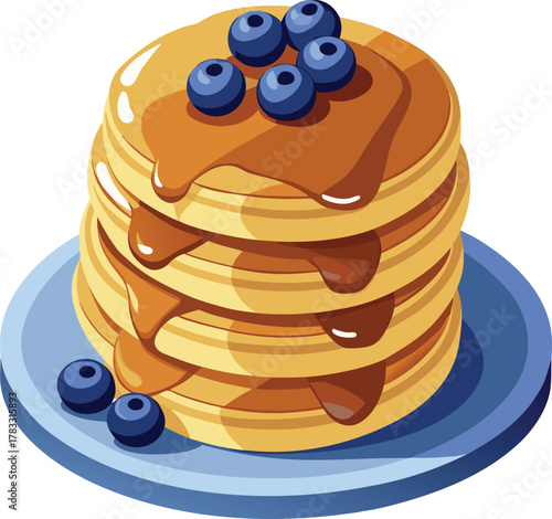 tack of fluffy pancakes drizzled with maple syrup and topped with blueberries, isolated on a white background with natural morning light and soft shadows.