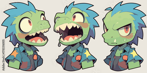 Ilustração vetorial de um personagem de dinossauro com expressões faciais variadas e design moderno.