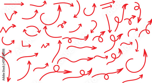 Collection of hand drawn red arrows showing direction movement and flow in various styles