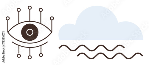 Eye with technology nodes represents vision, innovation, and AI cloud and waves signify balance and nature. Ideal for AI, technology, environment, innovation, vision balance duality. Simple flat