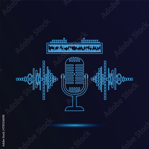 Retro Microphone with Sound Waves Vector Illustration Professional Vocal Recording Audio Production Podcast Music Voice Over Radio Broadcast Studio Equipment Concept