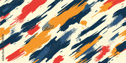 Textura abstrata com pinceladas vibrantes e diagonais em tons de azul marinho, laranja e vermelho sobre fundo claro.