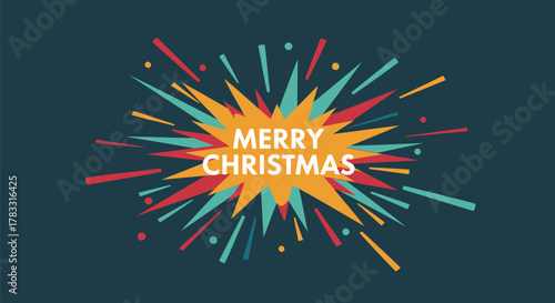 Festive merry christmas greeting with a vibrant starburst explosion of colorful rays and dots against a dark teal background