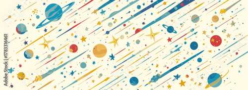 Ilustração vetorial abstrata de um céu noturno cheio de estrelas cadentes e planetas coloridos