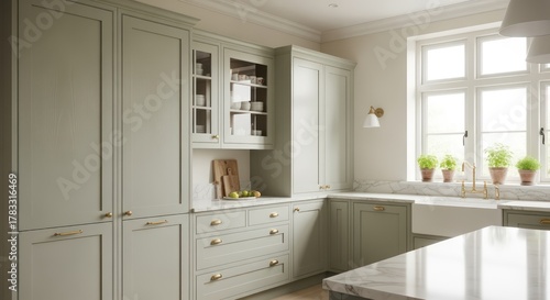 Serene sage green kitchen design features elegant cabinetry, marble countertops, and bright window light creating a tranquil, modern living space.