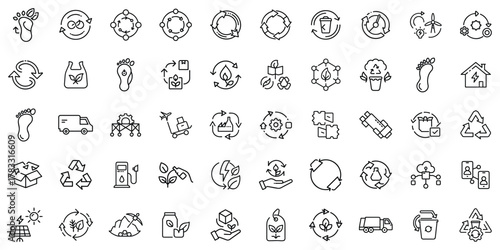 Collection of eco-friendly and sustainability icons featuring recycling symbols and green initiatives.
