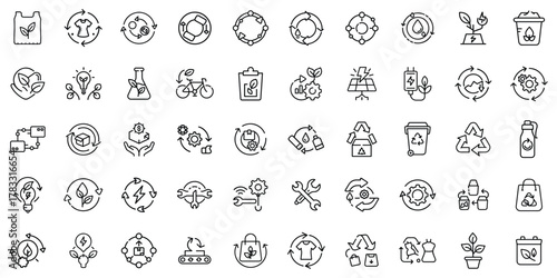 A collection of minimalistic outlines representing eco-friendly concepts and recycling motifs.