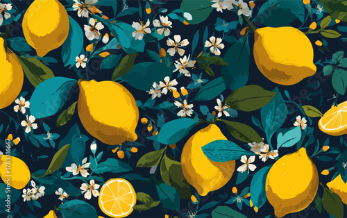 Padrão vibrante de limões amarelos e flores brancas delicadas com folhas verdes escuras.