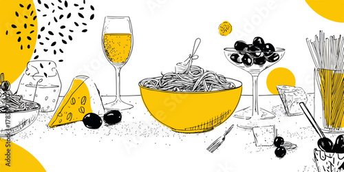 Comida e bebida em estilo de esboço com elementos gráficos amarelos e pretos para um design moderno.