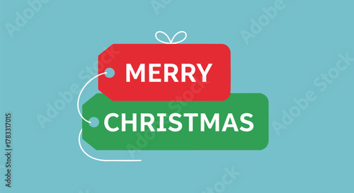 Two festive gift tags one red and one green stacked and connected with white string displaying merry christmas text