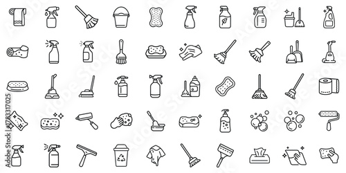 A collection of minimalistic cleaning icons showcasing various cleaning tools and supplies.