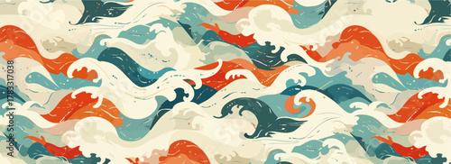 Padrão abstrato de ondas em tons de azul, laranja e creme com textura de pinceladas