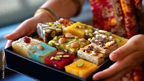 A box of assorted colorful Indian sweets (mithai) being gifted from one person to another. Gesture of giving, festive tradition, shallow focus. blurred background, with copy space